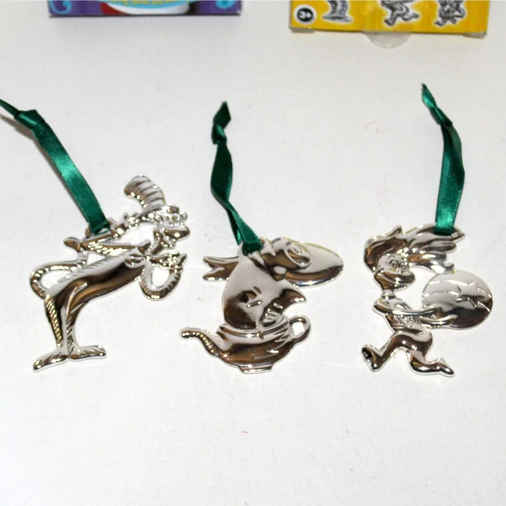 Lot of 3 Dr Seuss Cat In The Hat Christmas Ornaments Silver Plated Thing 1